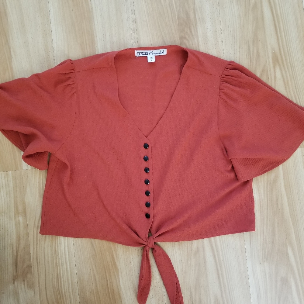 Rust colored Gypsies & Moondust Tie-Front shirt